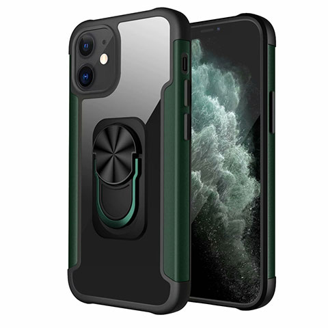 Funda Bumper Silicona y Plastico Mate Carcasa con Magnetico Anillo de dedo Soporte S04 para Apple iPhone 12 Mini Verde Noche