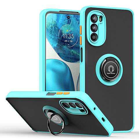 Funda Bumper Silicona y Plastico Mate Carcasa con Magnetico Anillo de dedo Soporte S04 para Motorola Moto G71s 5G Cian