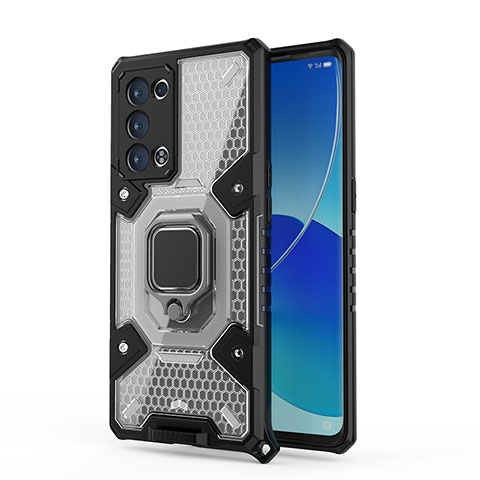 Funda Bumper Silicona y Plastico Mate Carcasa con Magnetico Anillo de dedo Soporte S04 para Oppo Reno6 Pro+ Plus 5G Negro