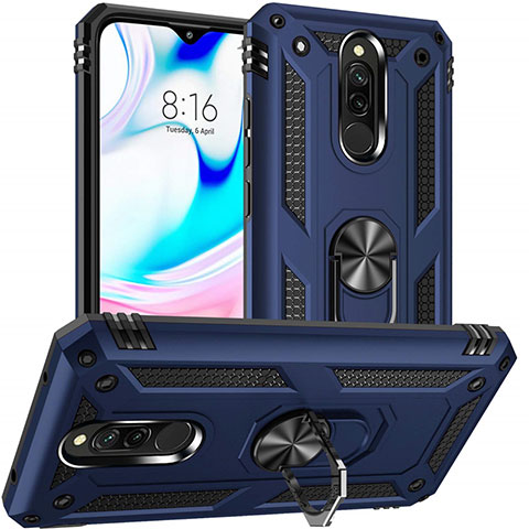 Funda Bumper Silicona y Plastico Mate Carcasa con Magnetico Anillo de dedo Soporte S04 para Xiaomi Redmi 8 Azul