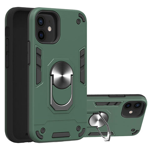 Funda Bumper Silicona y Plastico Mate Carcasa con Magnetico Anillo de dedo Soporte S05 para Apple iPhone 12 Mini Verde Noche