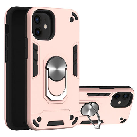 Funda Bumper Silicona y Plastico Mate Carcasa con Magnetico Anillo de dedo Soporte S05 para Apple iPhone 12 Oro Rosa