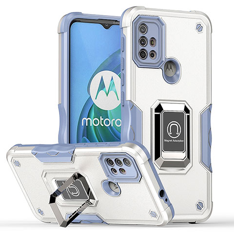 Funda Bumper Silicona y Plastico Mate Carcasa con Magnetico Anillo de dedo Soporte S05 para Motorola Moto G10 Power Blanco