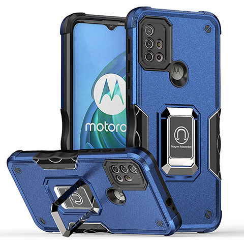 Funda Bumper Silicona y Plastico Mate Carcasa con Magnetico Anillo de dedo Soporte S05 para Motorola Moto G30 Azul