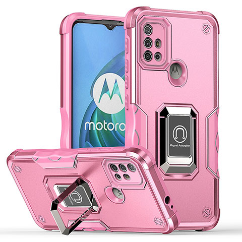 Funda Bumper Silicona y Plastico Mate Carcasa con Magnetico Anillo de dedo Soporte S05 para Motorola Moto G30 Rosa Roja
