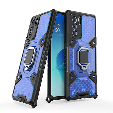 Funda Bumper Silicona y Plastico Mate Carcasa con Magnetico Anillo de dedo Soporte S05 para Oppo Reno6 Pro 5G India Azul