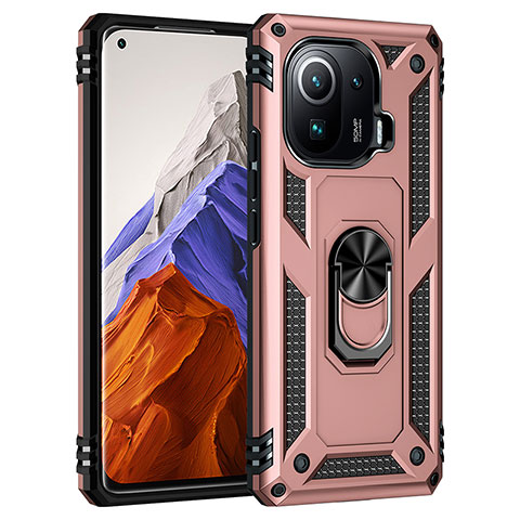 Funda Bumper Silicona y Plastico Mate Carcasa con Magnetico Anillo de dedo Soporte S05 para Xiaomi Mi 11 Pro 5G Oro Rosa