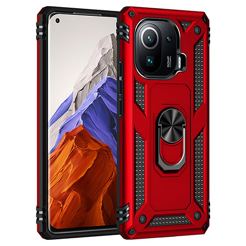 Funda Bumper Silicona y Plastico Mate Carcasa con Magnetico Anillo de dedo Soporte S05 para Xiaomi Mi 11 Pro 5G Rojo