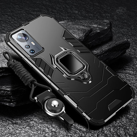 Funda Bumper Silicona y Plastico Mate Carcasa con Magnetico Anillo de dedo Soporte S05 para Xiaomi Mi 12 Pro 5G Negro