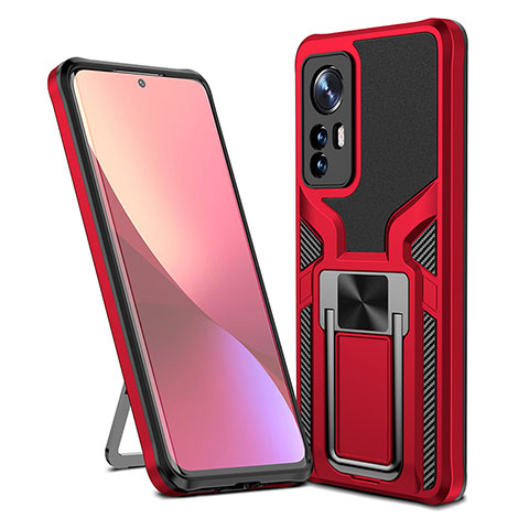 Funda Bumper Silicona y Plastico Mate Carcasa con Magnetico Anillo de dedo Soporte S06 para Xiaomi Mi 12S 5G Rojo