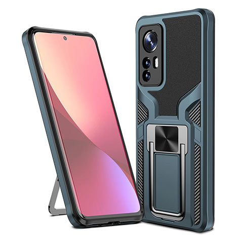 Funda Bumper Silicona y Plastico Mate Carcasa con Magnetico Anillo de dedo Soporte S06 para Xiaomi Mi 12S Pro 5G Cian