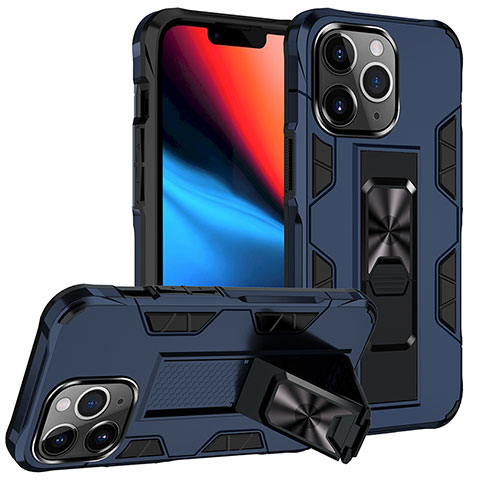 Funda Bumper Silicona y Plastico Mate Carcasa con Magnetico Anillo de dedo Soporte S07 para Apple iPhone 13 Pro Max Azul