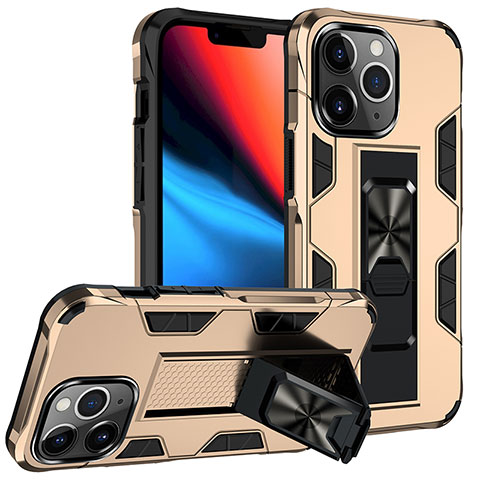 Funda Bumper Silicona y Plastico Mate Carcasa con Magnetico Anillo de dedo Soporte S07 para Apple iPhone 13 Pro Max Oro