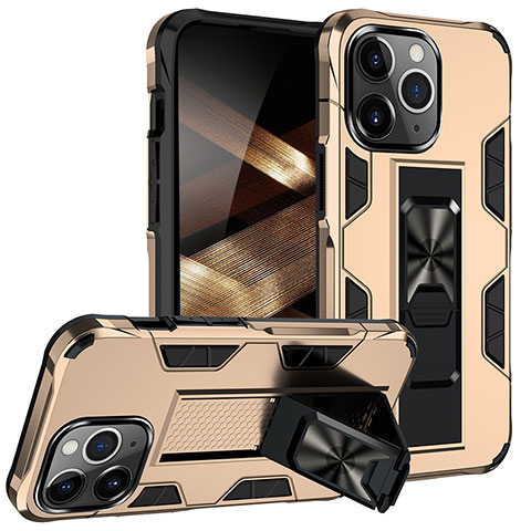 Funda Bumper Silicona y Plastico Mate Carcasa con Magnetico Anillo de dedo Soporte S07 para Apple iPhone 14 Pro Oro