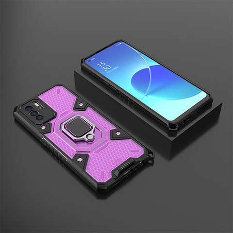 Funda Bumper Silicona y Plastico Mate Carcasa con Magnetico Anillo de dedo Soporte S07 para Oppo Reno6 Z 5G Morado