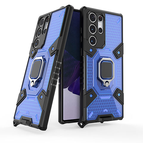 Funda Bumper Silicona y Plastico Mate Carcasa con Magnetico Anillo de dedo Soporte S07 para Samsung Galaxy S21 Ultra 5G Azul