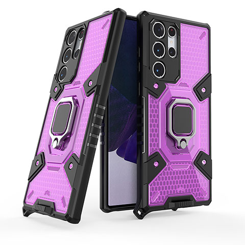 Funda Bumper Silicona y Plastico Mate Carcasa con Magnetico Anillo de dedo Soporte S07 para Samsung Galaxy S21 Ultra 5G Morado