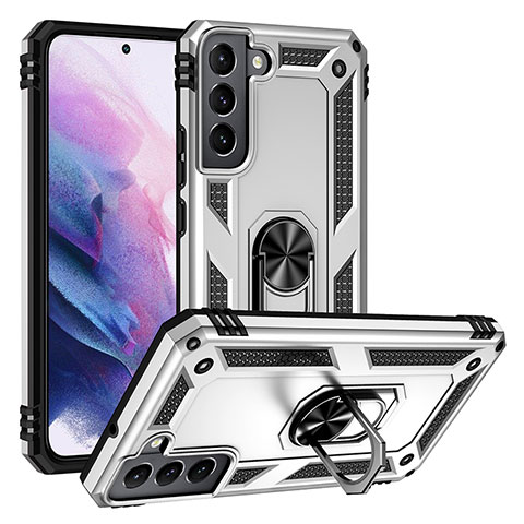 Funda Bumper Silicona y Plastico Mate Carcasa con Magnetico Anillo de dedo Soporte T03 para Samsung Galaxy S22 5G Plata