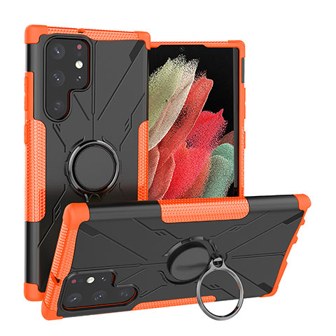 Funda Bumper Silicona y Plastico Mate Carcasa con Magnetico Anillo de dedo Soporte T08 para Samsung Galaxy S21 Ultra 5G Naranja