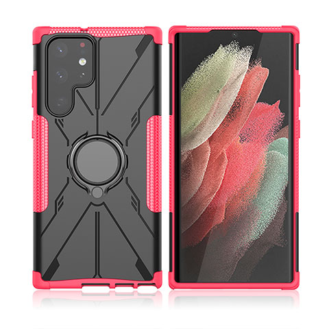 Funda Bumper Silicona y Plastico Mate Carcasa con Magnetico Anillo de dedo Soporte T09 para Samsung Galaxy S21 Ultra 5G Rosa Roja
