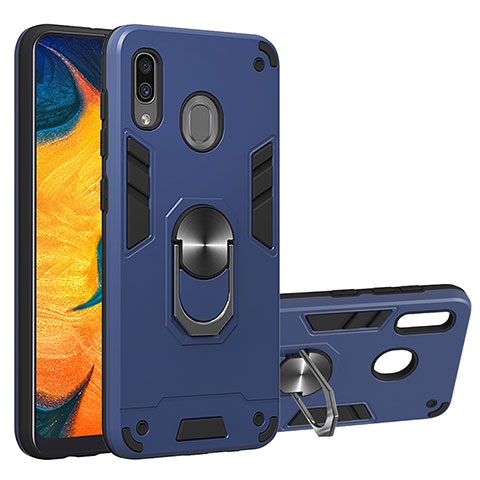 Funda Bumper Silicona y Plastico Mate Carcasa con Magnetico Anillo de dedo Soporte Y01B para Samsung Galaxy A20 Azul