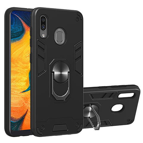 Funda Bumper Silicona y Plastico Mate Carcasa con Magnetico Anillo de dedo Soporte Y01B para Samsung Galaxy A20 Negro