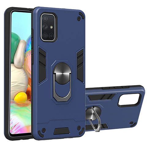 Funda Bumper Silicona y Plastico Mate Carcasa con Magnetico Anillo de dedo Soporte Y01B para Samsung Galaxy A71 4G A715 Azul