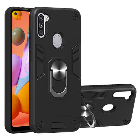 Funda Bumper Silicona y Plastico Mate Carcasa con Magnetico Anillo de dedo Soporte Y01B para Samsung Galaxy M11 Negro