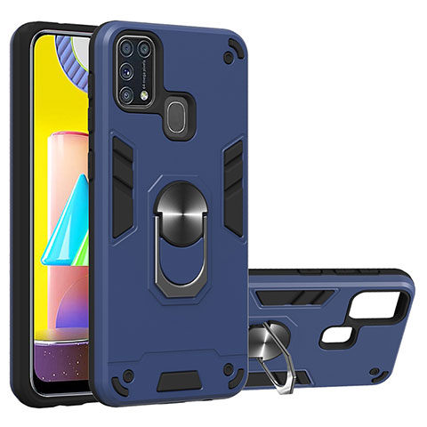 Funda Bumper Silicona y Plastico Mate Carcasa con Magnetico Anillo de dedo Soporte Y01B para Samsung Galaxy M31 Azul