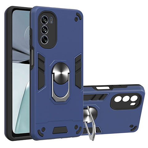 Funda Bumper Silicona y Plastico Mate Carcasa con Magnetico Anillo de dedo Soporte YB1 para Motorola Moto G62 5G Azul
