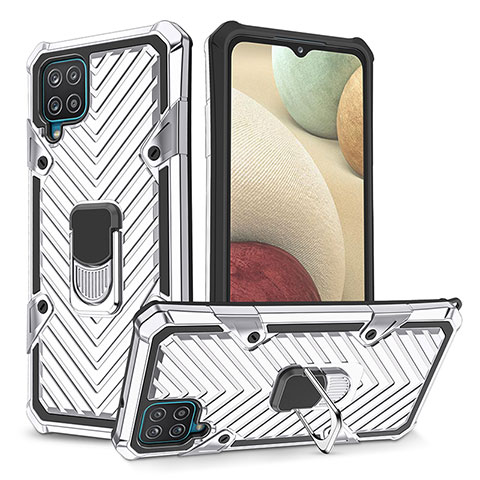 Funda Bumper Silicona y Plastico Mate Carcasa con Magnetico Anillo de dedo Soporte YF1 para Samsung Galaxy A12 Nacho Plata