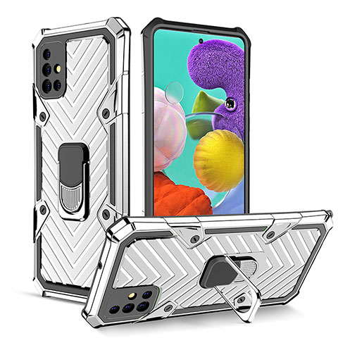 Funda Bumper Silicona y Plastico Mate Carcasa con Magnetico Anillo de dedo Soporte YF1 para Samsung Galaxy A51 4G Plata