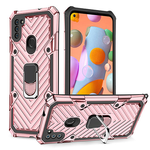 Funda Bumper Silicona y Plastico Mate Carcasa con Magnetico Anillo de dedo Soporte YF1 para Samsung Galaxy M11 Oro Rosa