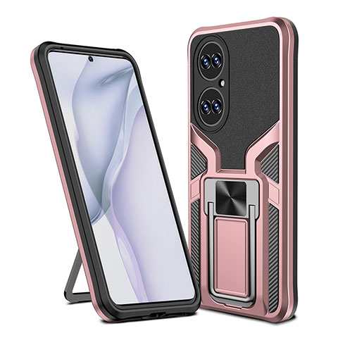 Funda Bumper Silicona y Plastico Mate Carcasa con Magnetico Anillo de dedo Soporte ZL1 para Huawei P50 Pro Oro Rosa
