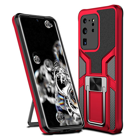 Funda Bumper Silicona y Plastico Mate Carcasa con Magnetico Anillo de dedo Soporte ZL1 para Samsung Galaxy S20 Ultra 5G Rojo