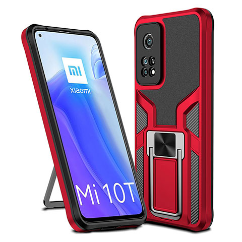 Funda Bumper Silicona y Plastico Mate Carcasa con Magnetico Anillo de dedo Soporte ZL1 para Xiaomi Mi 10T 5G Rojo