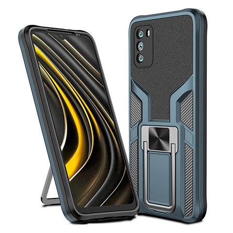 Funda Bumper Silicona y Plastico Mate Carcasa con Magnetico Anillo de dedo Soporte ZL1 para Xiaomi Poco M3 Cian