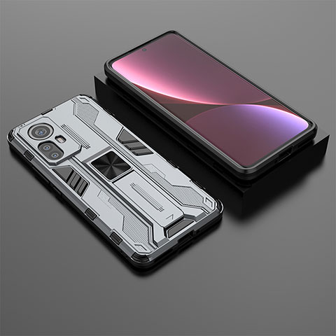 Funda Bumper Silicona y Plastico Mate Carcasa con Magnetico Soporte A01 para Xiaomi Mi 12 5G Gris