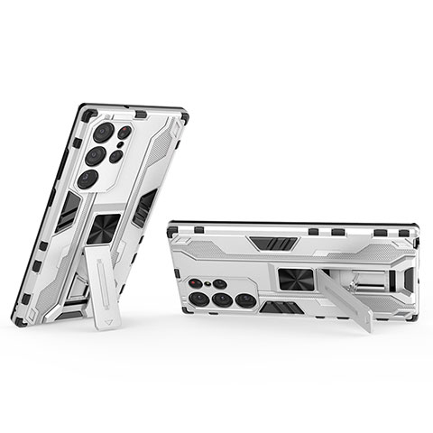Funda Bumper Silicona y Plastico Mate Carcasa con Magnetico Soporte A02 para Samsung Galaxy S23 Ultra 5G Blanco