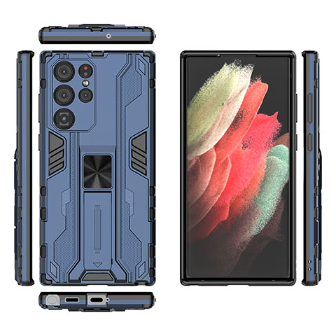 Funda Bumper Silicona y Plastico Mate Carcasa con Magnetico Soporte A03 para Samsung Galaxy S21 Ultra 5G Azul