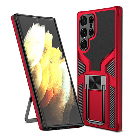 Funda Bumper Silicona y Plastico Mate Carcasa con Magnetico Soporte A05 para Samsung Galaxy S22 Ultra 5G Rojo
