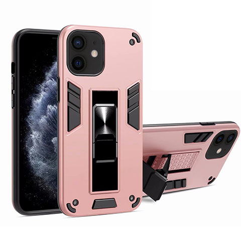 Funda Bumper Silicona y Plastico Mate Carcasa con Magnetico Soporte H01 para Apple iPhone 12 Mini Rosa