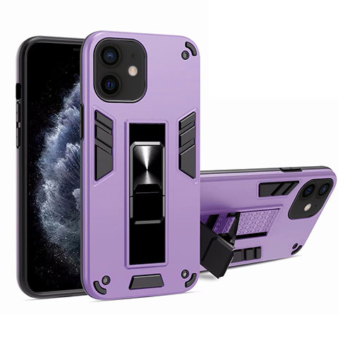 Funda Bumper Silicona y Plastico Mate Carcasa con Magnetico Soporte H01 para Apple iPhone 12 Purpura Claro