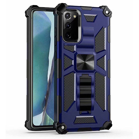Funda Bumper Silicona y Plastico Mate Carcasa con Magnetico Soporte H01 para Samsung Galaxy Note 20 5G Azul