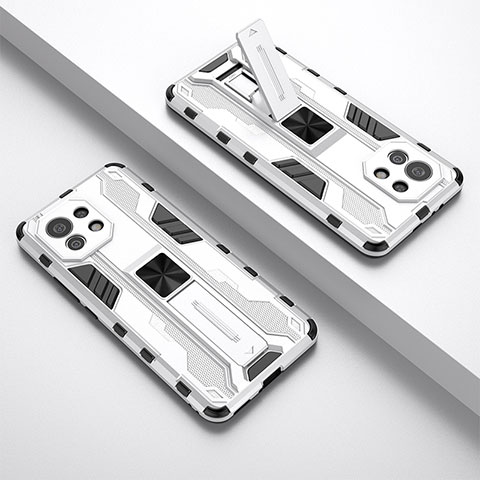 Funda Bumper Silicona y Plastico Mate Carcasa con Magnetico Soporte H01 para Xiaomi Mi 11 5G Blanco