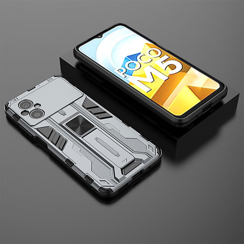 Funda Bumper Silicona y Plastico Mate Carcasa con Magnetico Soporte KC1 para Xiaomi Poco M5 4G Gris