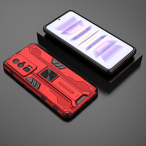 Funda Bumper Silicona y Plastico Mate Carcasa con Magnetico Soporte KC2 para Xiaomi Poco F5 Pro 5G Rojo