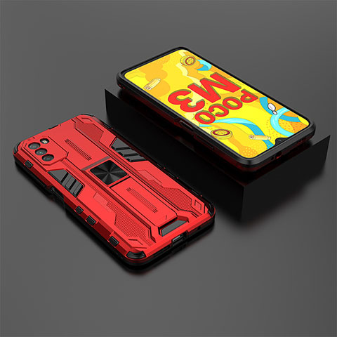 Funda Bumper Silicona y Plastico Mate Carcasa con Magnetico Soporte KC2 para Xiaomi Poco M3 Rojo