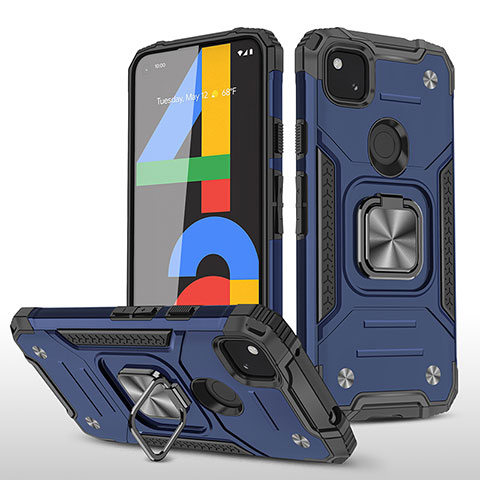 Funda Bumper Silicona y Plastico Mate Carcasa con Magnetico Soporte MQ1 para Google Pixel 4a Azul