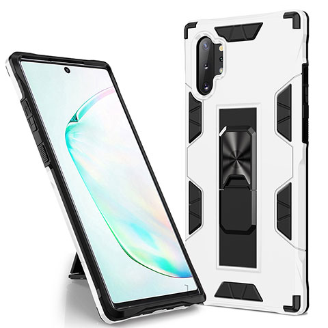 Funda Bumper Silicona y Plastico Mate Carcasa con Magnetico Soporte MQ1 para Samsung Galaxy Note 10 Plus 5G Blanco